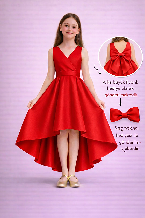 Kız Çocuk Abiye Elbise – Kruvaze Yaka Asimetrik Kesim, Mezuniyet & Düğün Elbisesi - 3
