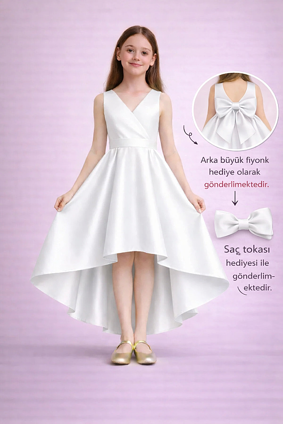Kız Çocuk Abiye Elbise – Kruvaze Yaka Asimetrik Kesim, Mezuniyet & Düğün Elbisesi - 4