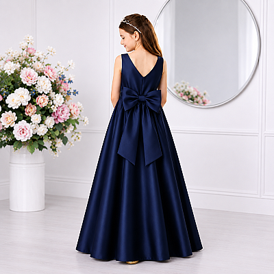 Kız Çocuk Saten Bisiklet Yaka Sade Elbise Mezuniyet Doğum Günü Abiye Elbise - 2